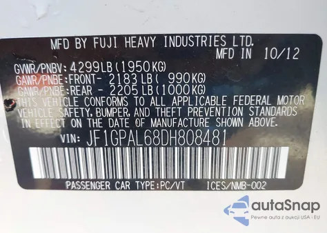 2013 Subaru Impreza 2.0I Sport Premium из США, поврежденный, VIN JF1GPAL68DH808481